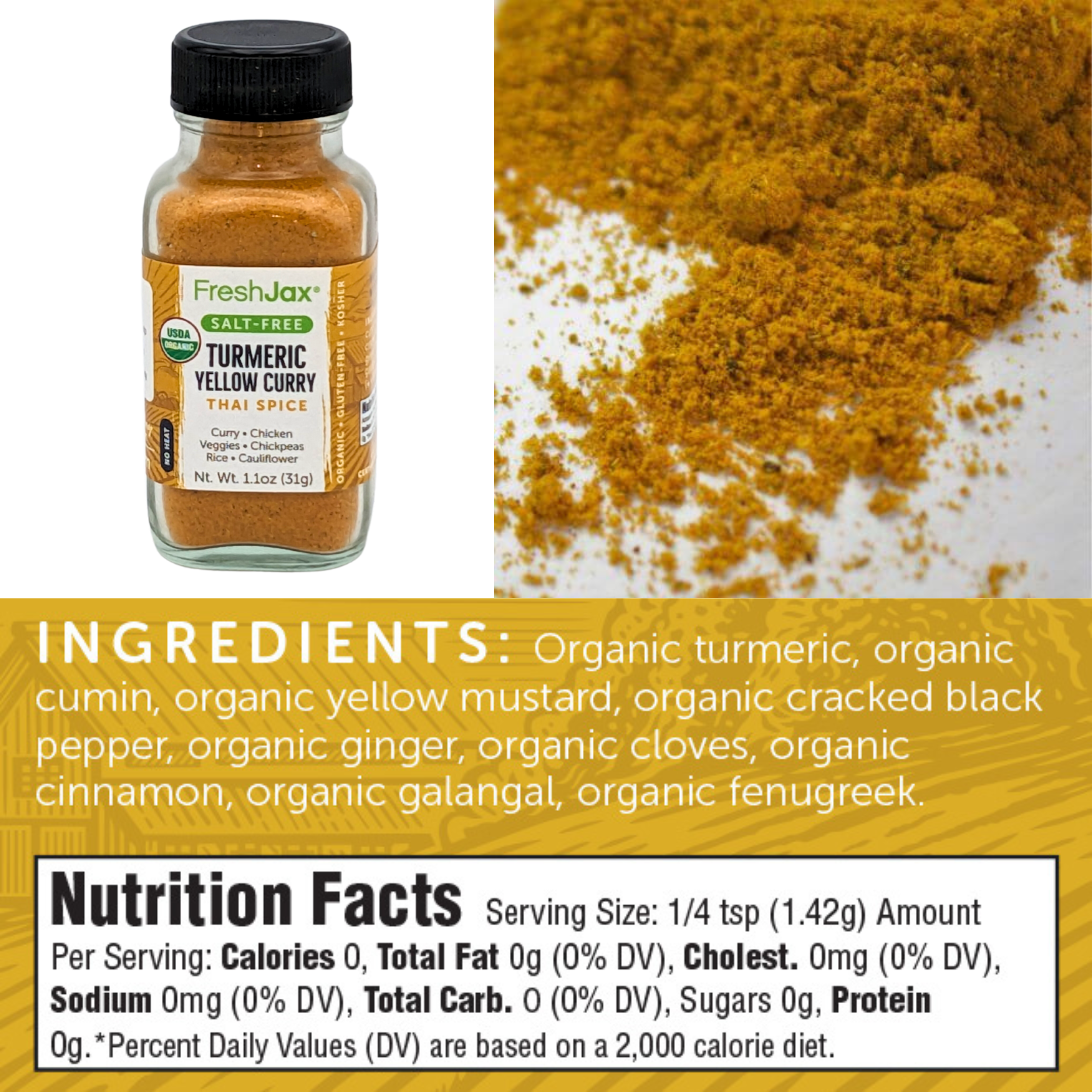 FreshJax Organic Spices Salt-Free Turmeric Yellow Curry Ingredient and Nutritional Information
