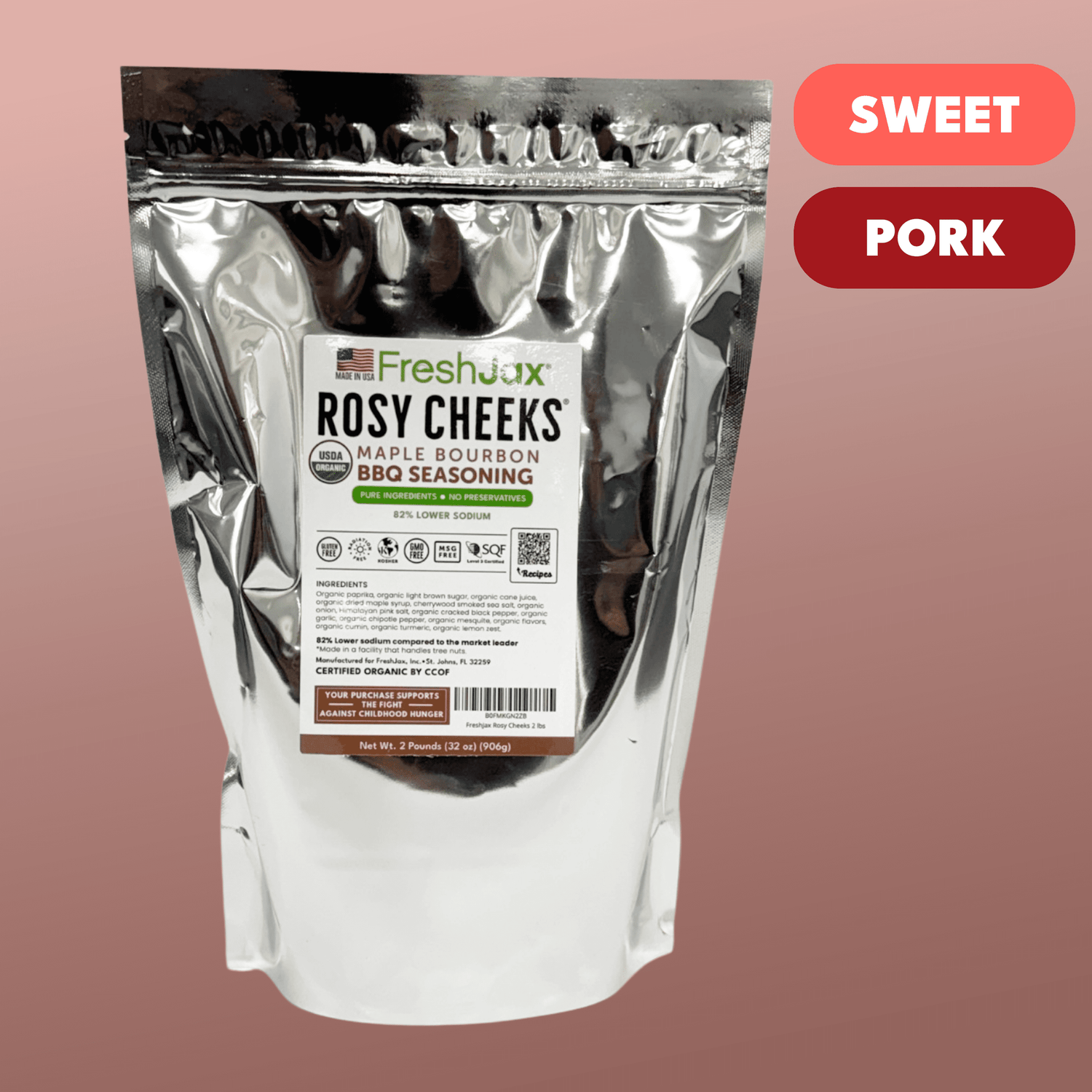 Rosy Cheeks BBQ seasoning in a 2 lb resealable package with 'Sweet Pork' label on a pink background