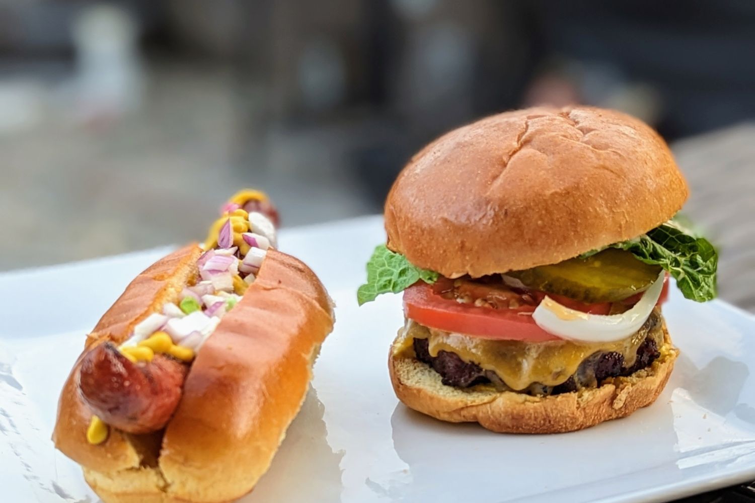 Grilled hamburger and hot dog