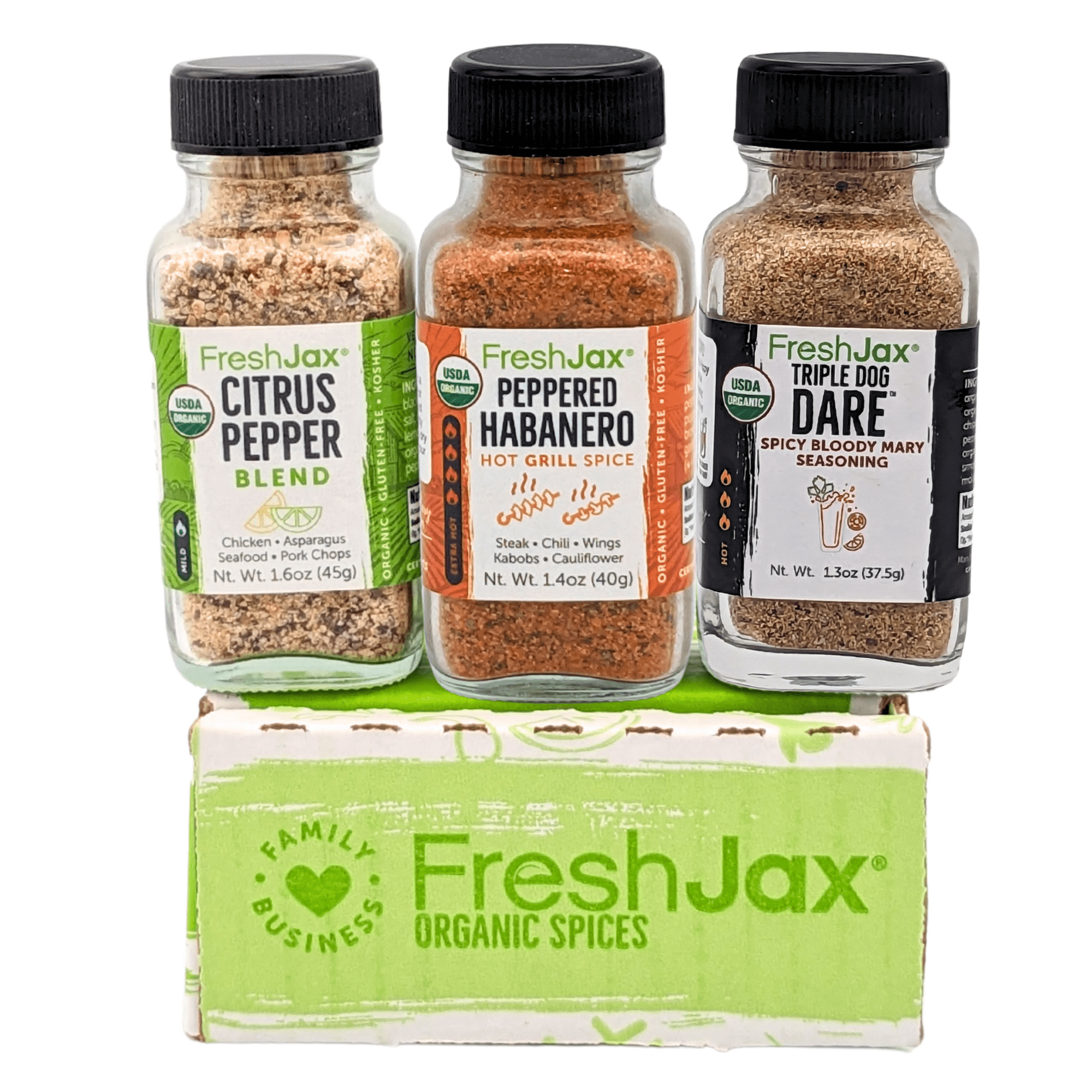 FreshJax Premium Grilling Spice Gift Set with Peppered Habanero, Citrus Pepper, and Bloody Mary Mix – Organic Gourmet Seasoning Trio for BBQ and Outdoor Cooking
Organic grilling spice blends – Peppered Habanero, Citrus Pepper, and Triple Dog Dare Bloody Mary Mix in large dual-sided shaker bottles
"FreshJax Grilling Spice Gift Set – perfect organic holiday gift for grill lovers, chefs, and foodies