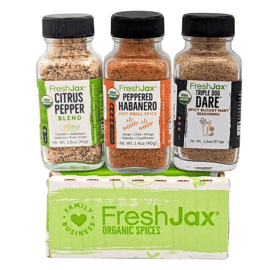 FreshJax Premium Grilling Spice Gift Set with Peppered Habanero, Citrus Pepper, and Bloody Mary Mix – Organic Gourmet Seasoning Trio for BBQ and Outdoor Cooking
Organic grilling spice blends – Peppered Habanero, Citrus Pepper, and Triple Dog Dare Bloody Mary Mix in large dual-sided shaker bottles
"FreshJax Grilling Spice Gift Set – perfect organic holiday gift for grill lovers, chefs, and foodies