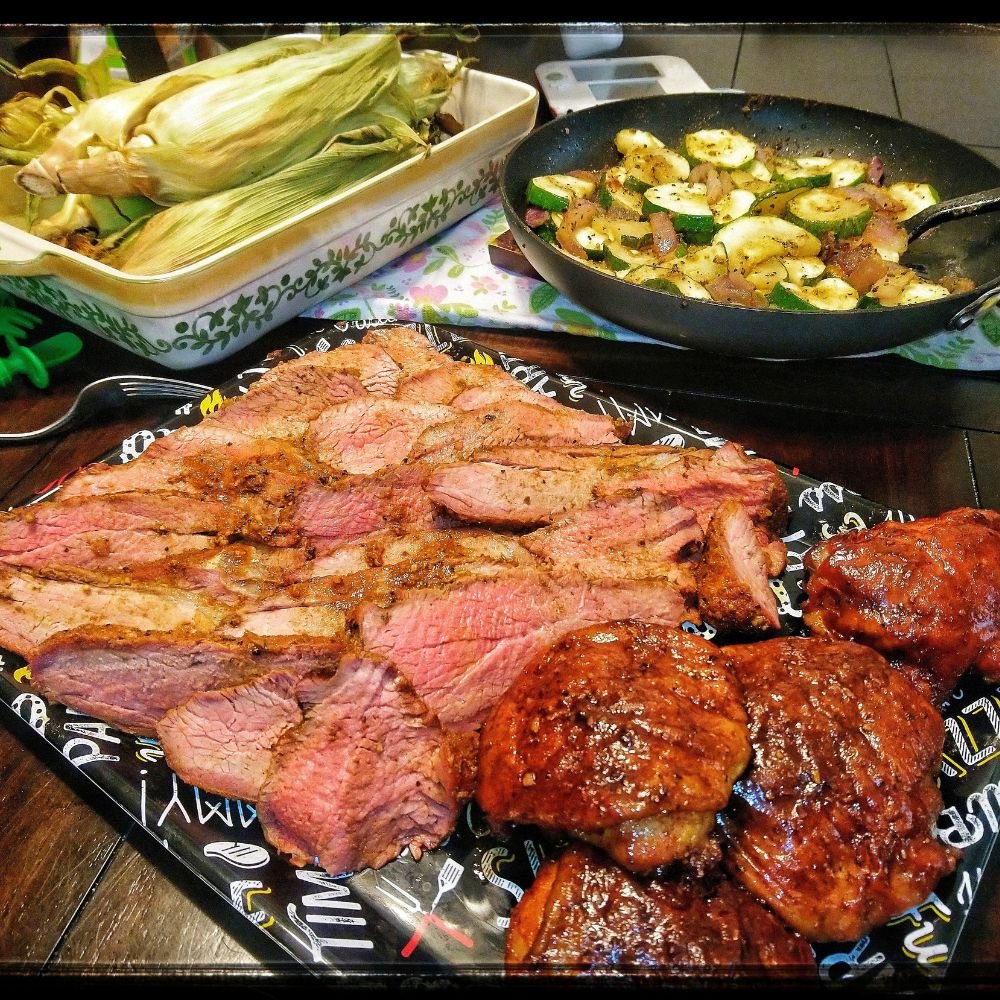 BBQ Beef Zuchinni and Corn on table