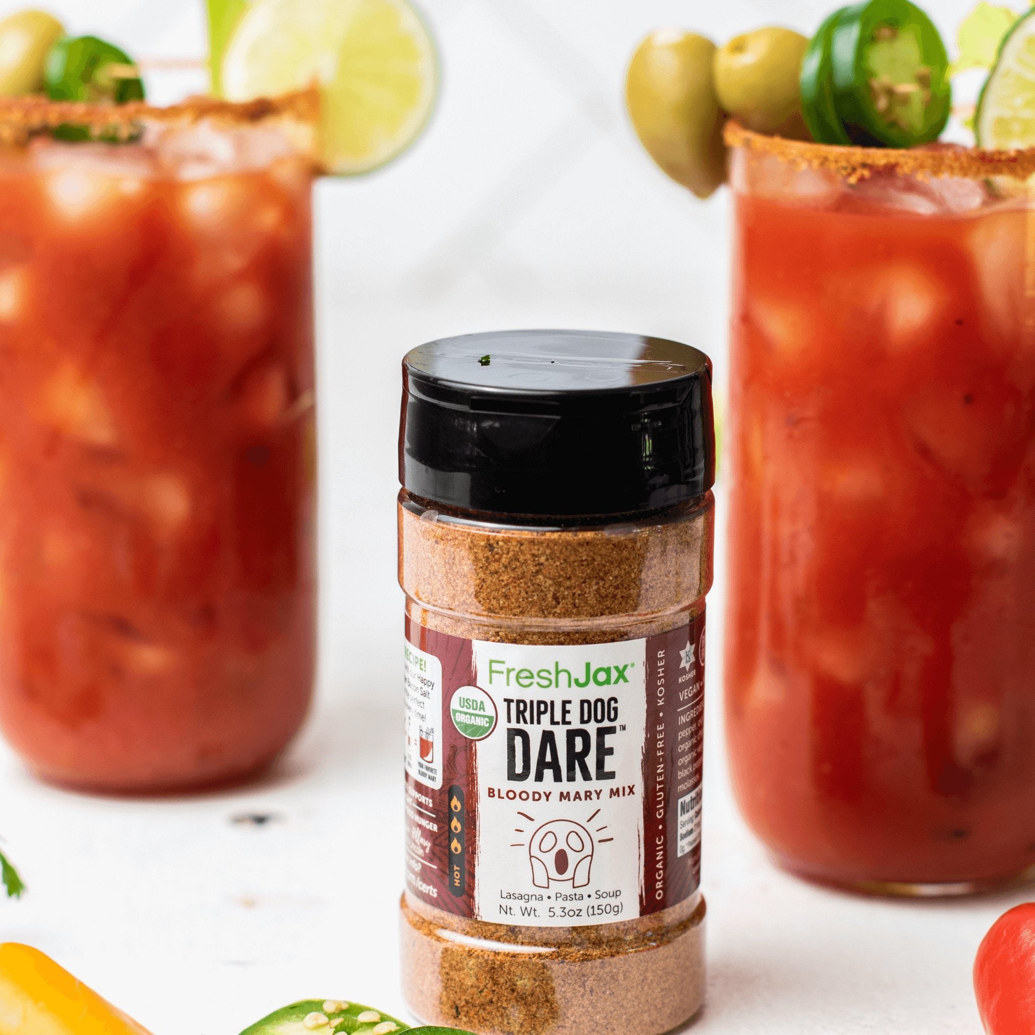 Triple Dog Dare Bloody Mary Mix with two cocktails