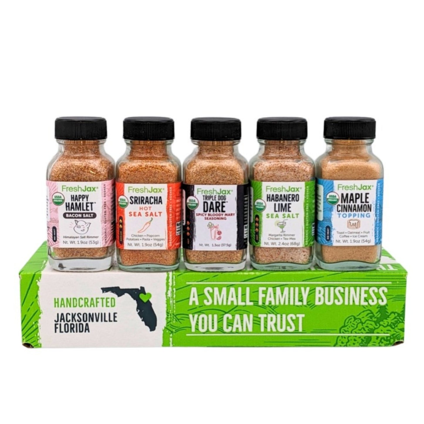 Cocktail Seasonings 5-Pack : Happy Hamlet Bacon Salt , Sriracha Sea Salt , Triple Dog Dare Spicy Bloody Mary Seasoning , Habanero Lime Sea Salt, Maple Cinnamon Topping