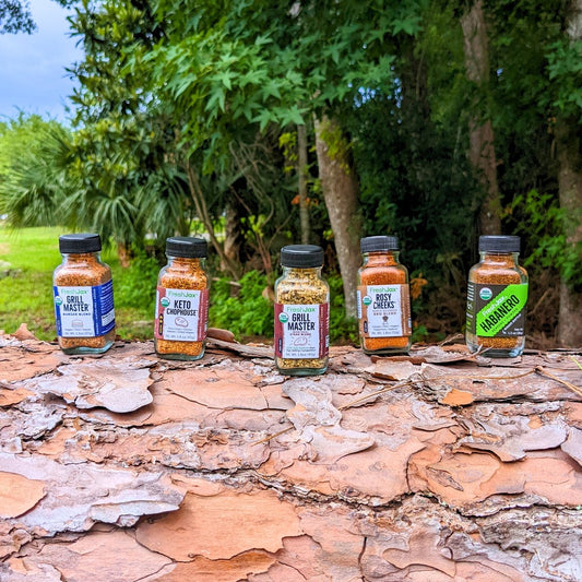 5 Spice Bottles on a tree : Grill Master Burger, Keto Chophouse, Grill Master Steak, Rosy Cheeks , Organic Habanero powder