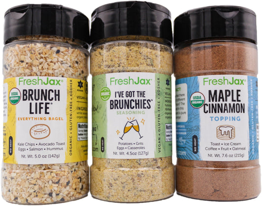Three Large bottles of Seasoning: Brunch Life Everything Bagel Seasoning, I've Got the Brunchies , Maple Cinnamon Topping