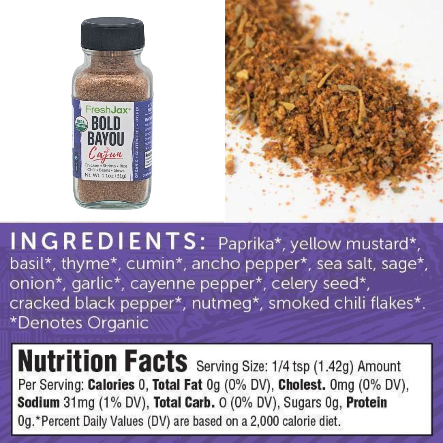 FreshJax Organic Spices Bold Bayou Seasoning Blend Ingredients and Nutritional Information