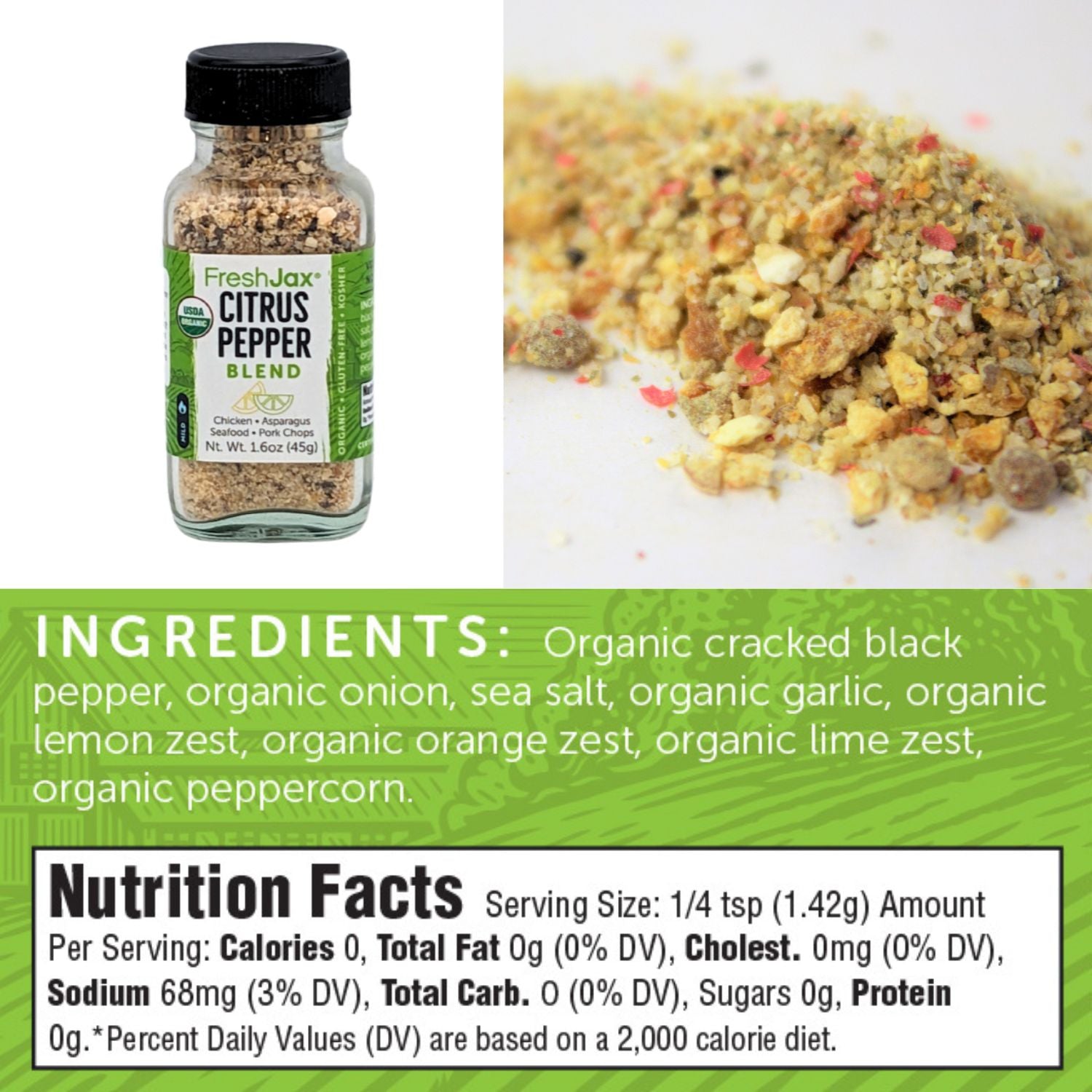 FreshJax Organic Spices Citrus Pepper Blend Ingredients and Nutrition Facts