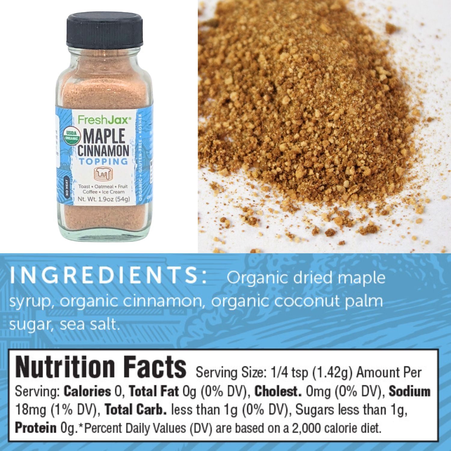 FreshJax Organic Spices Maple Cinnamon Sampler Ingredients and Nutritional Information