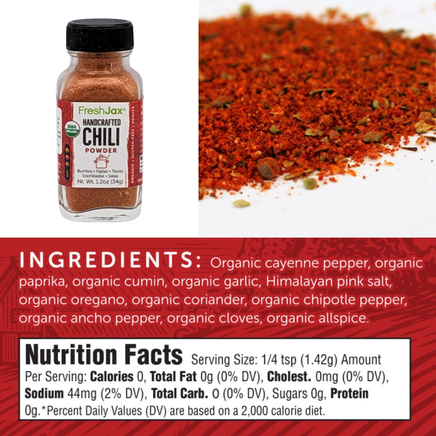 FreshJax Handcrafted Chili Powder Ingredients and Nutritional Information