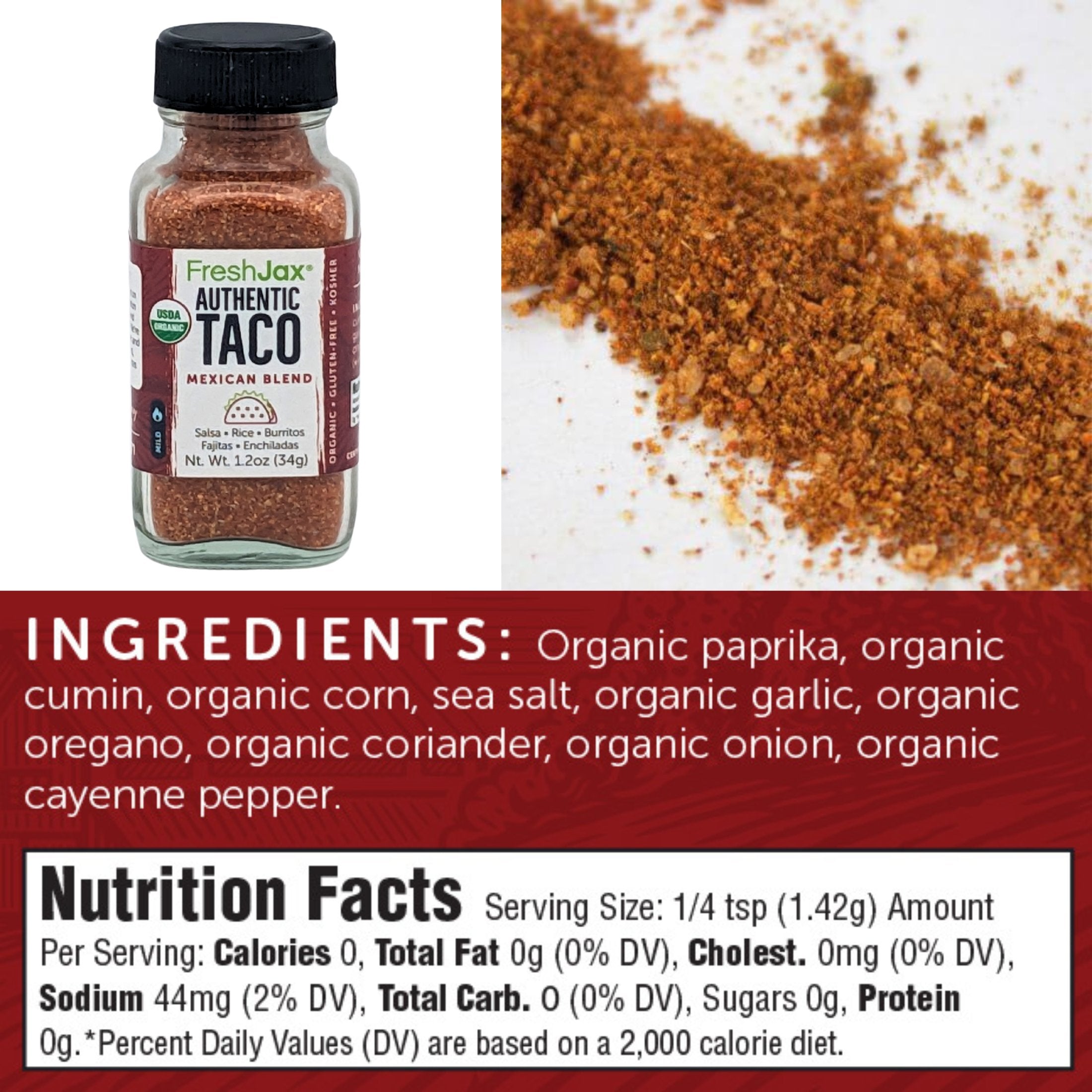 FreshJax Organic Spices Authentic Taco Seasoning Ingredients and Nutritional Information