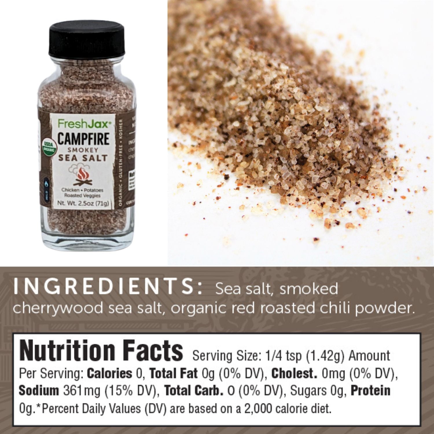 FreshJax Organic Spices Campfire Smokey Sea Salt Nutritional and Ingredient Information