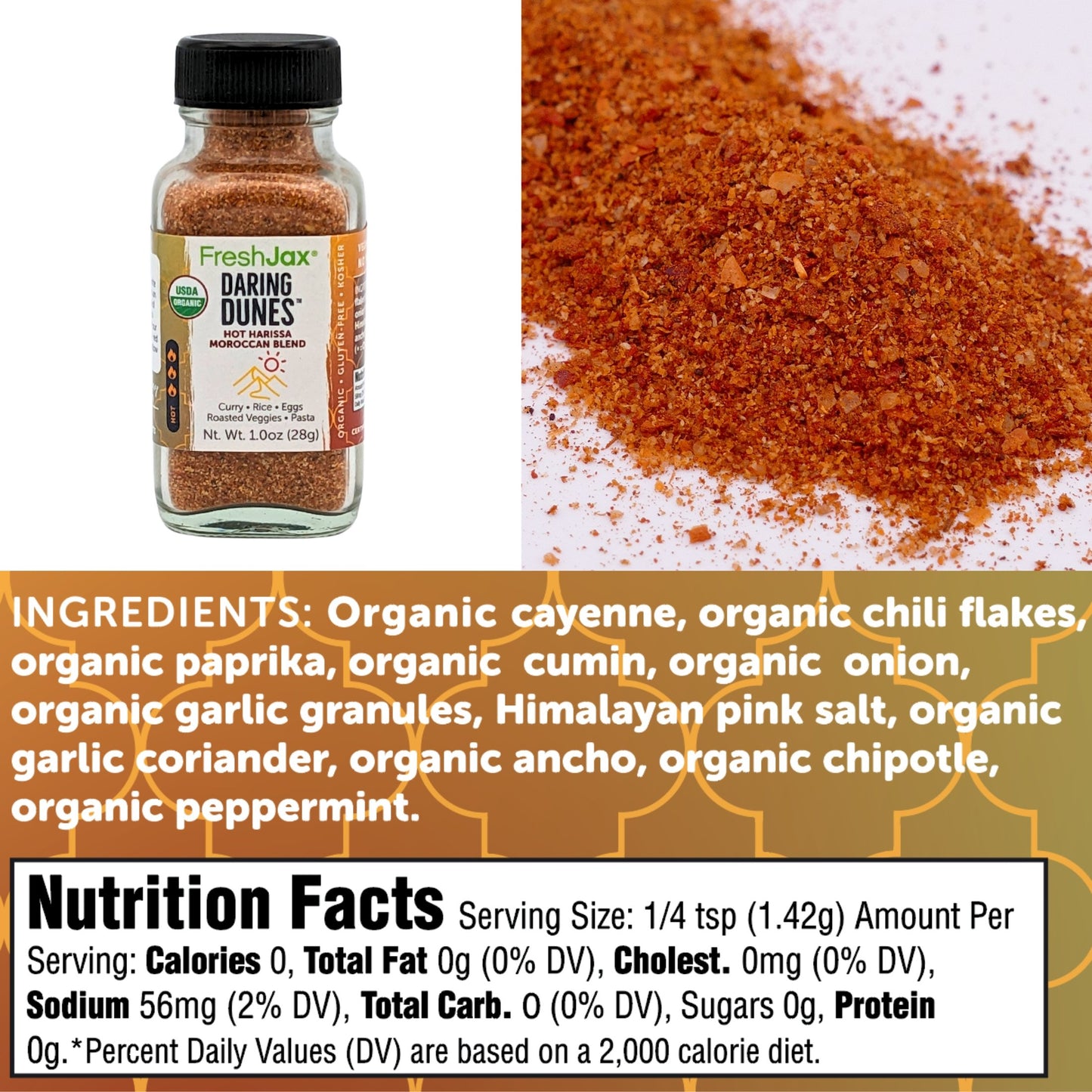 FreshJax Organic Spices Daring Dunes Hot Harissa Moroccan Blend Ingredients and Nutritional Information