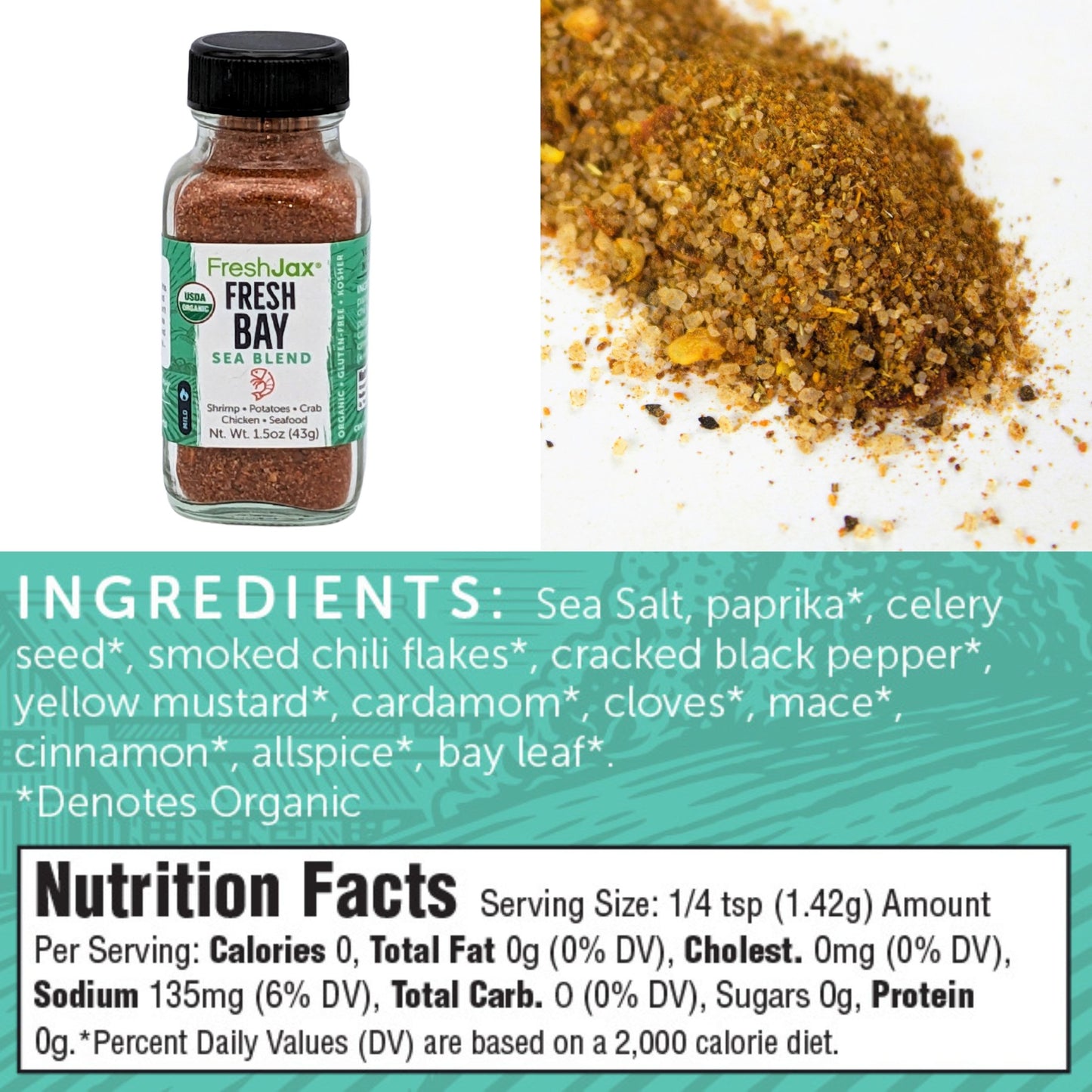 FreshJax Organic Spices Fresh Bay Sea Blend Ingredients and Nutritional Information