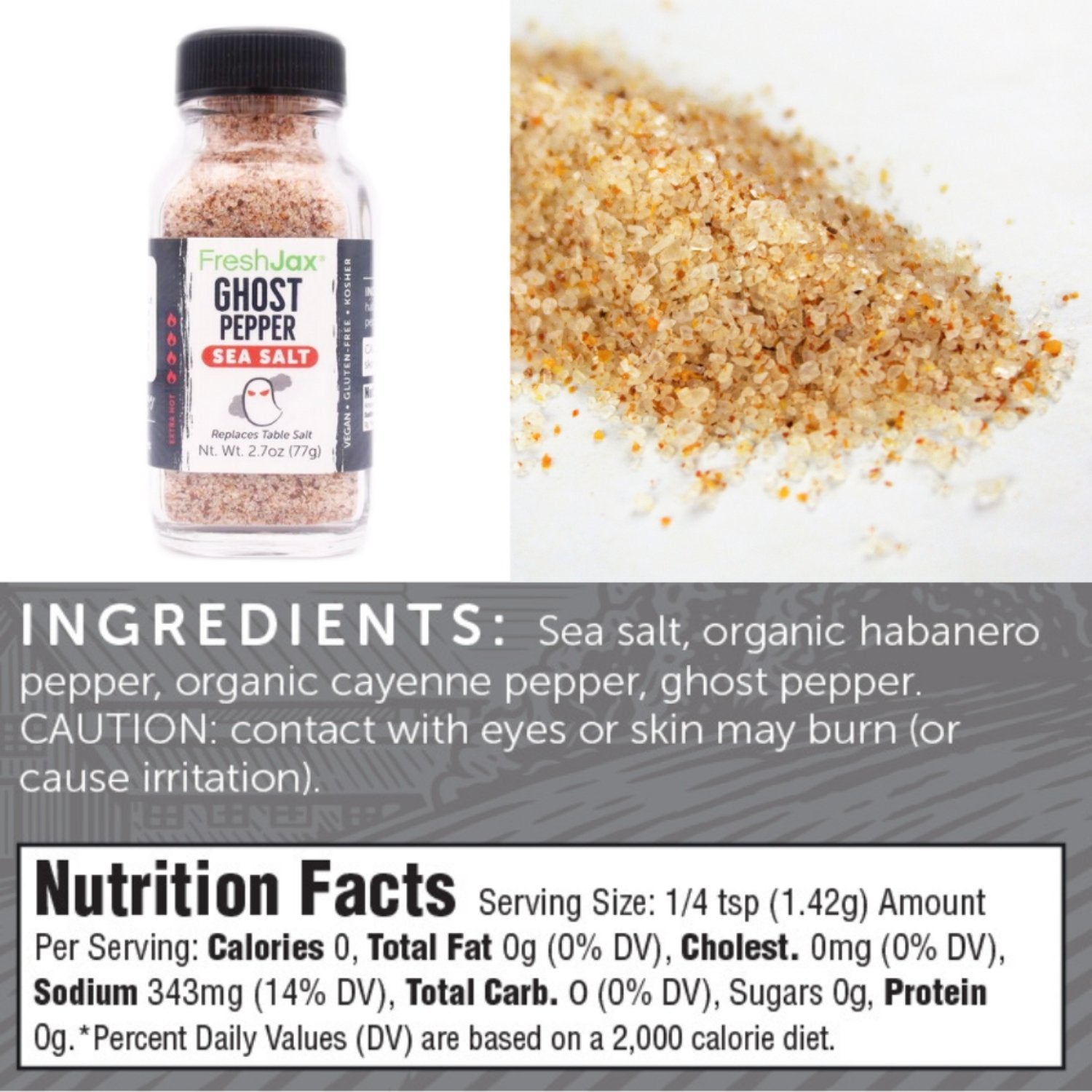 FreshJax Organic Spices Ghost Pepper Sea Salt Ingredients and Nutritional Information