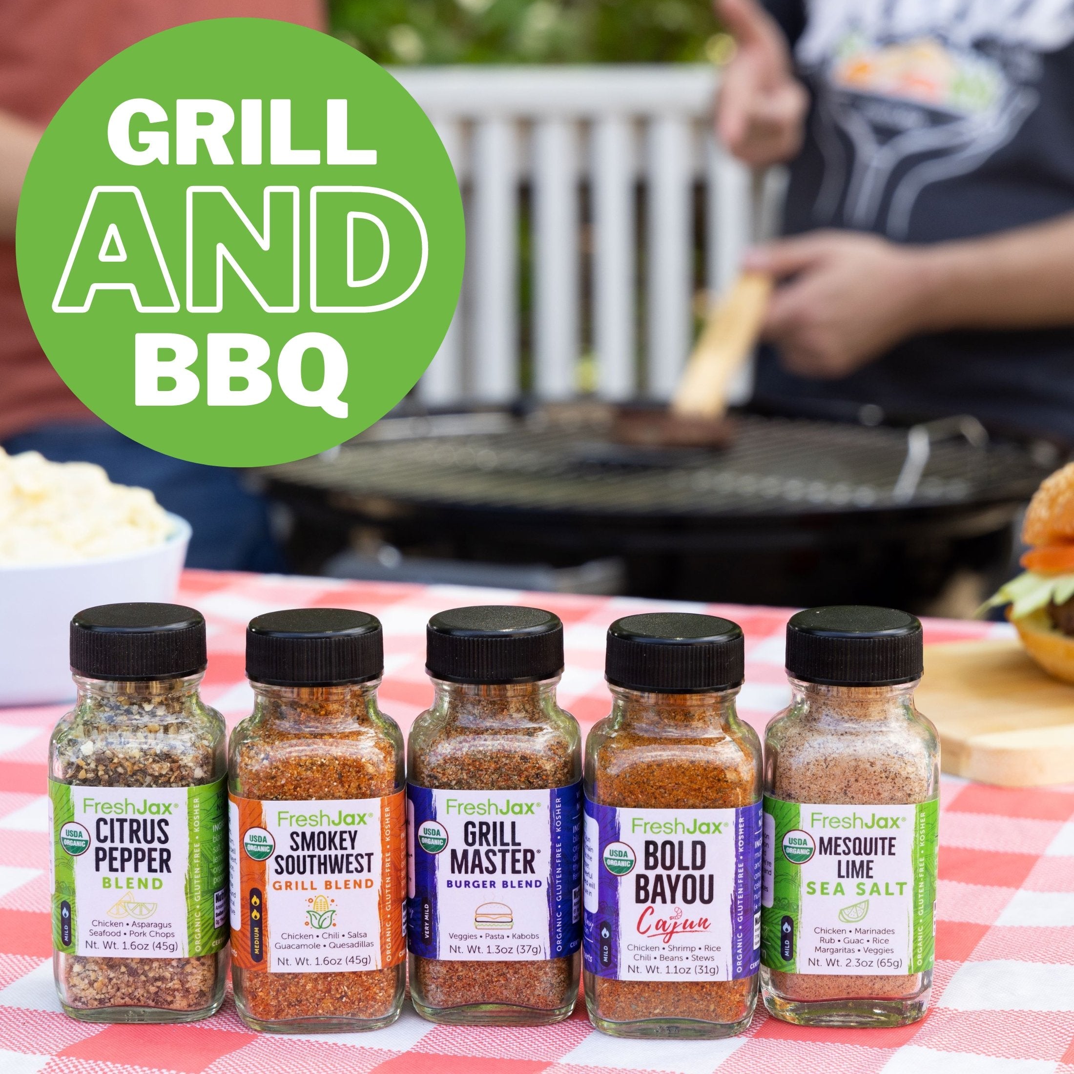 FreshJax Organic Spices Grill and BBQ 6-Pack on a picnic table