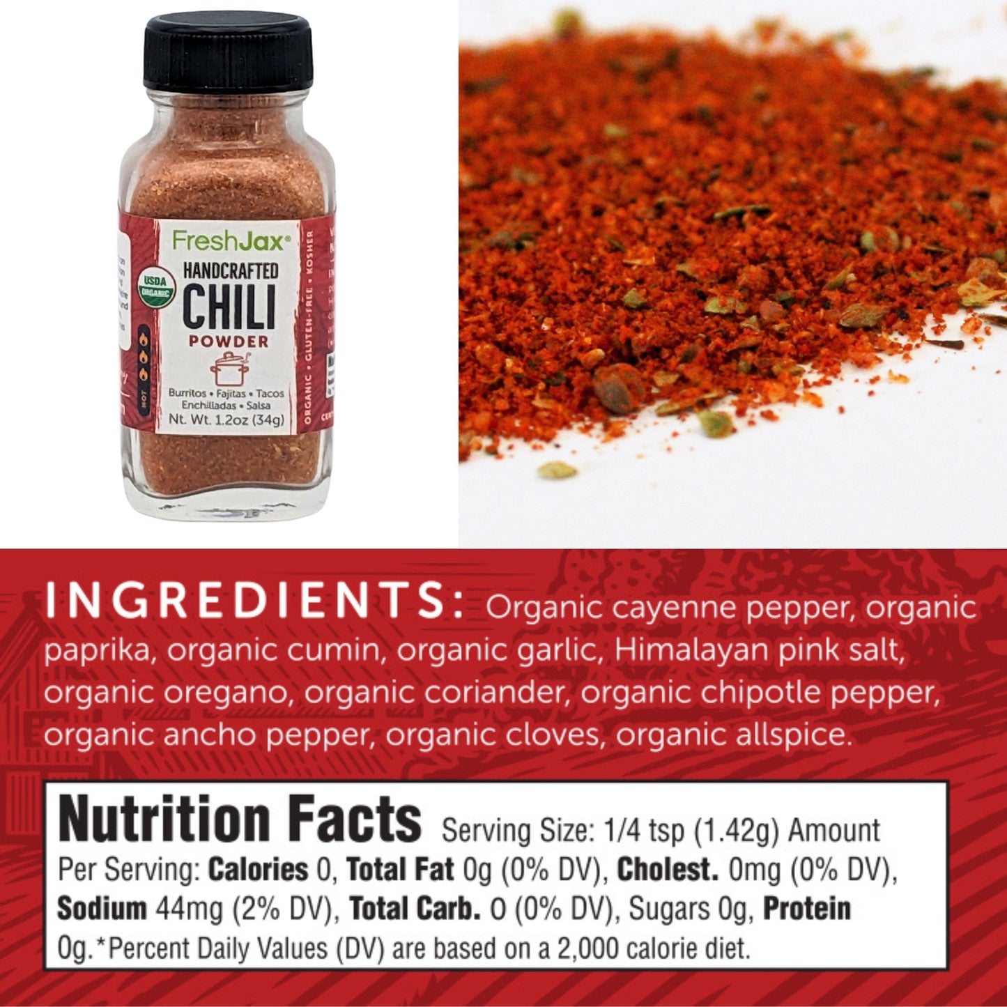 FreshJax Organic Spices Handcrafted Chili Powder Ingredients and Nutritional Information