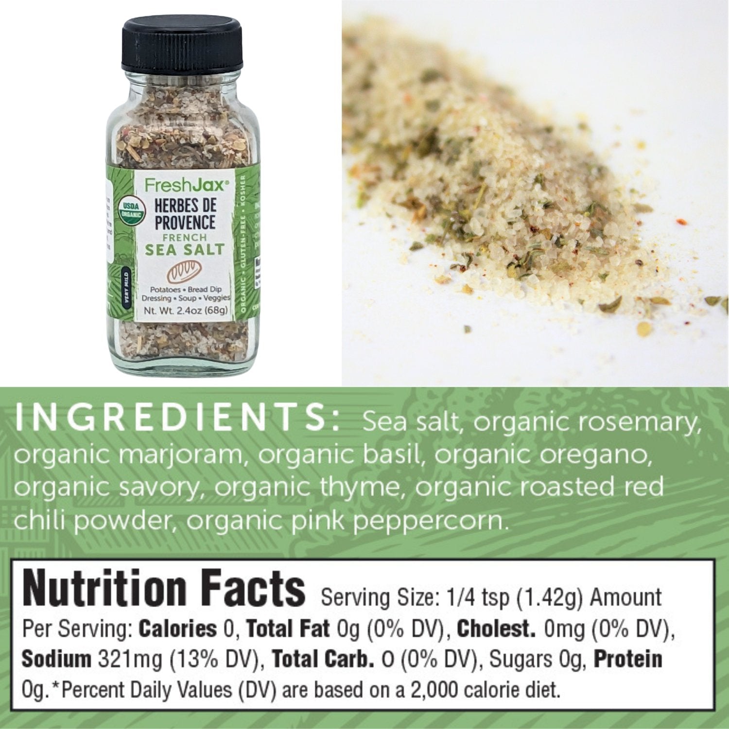 FreshJax Organic Spices Herbes de Provence French Sea Salt Ingredients and Nutritional Information