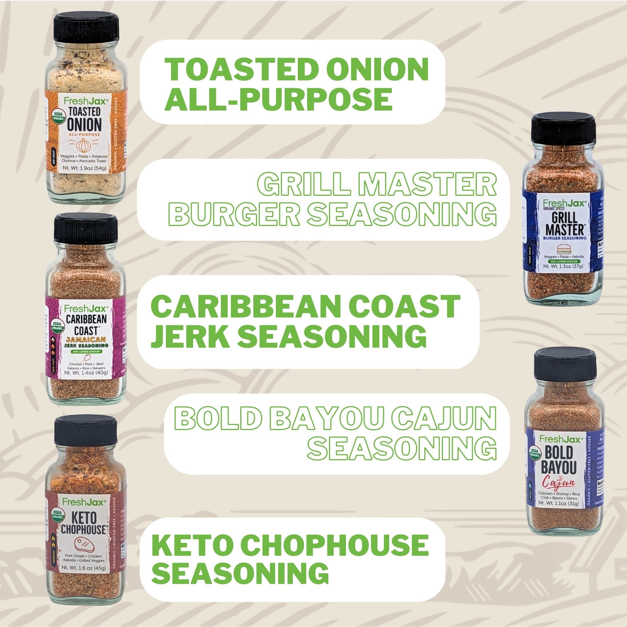 FreshJax Organic Spices Keto Grill Masters Gift Set: Toasted Onion, Grill Masters Burger, Caribbean Coast Jerk Seasoning, Bold Bayou, Seasoning, Keto Chophouse 