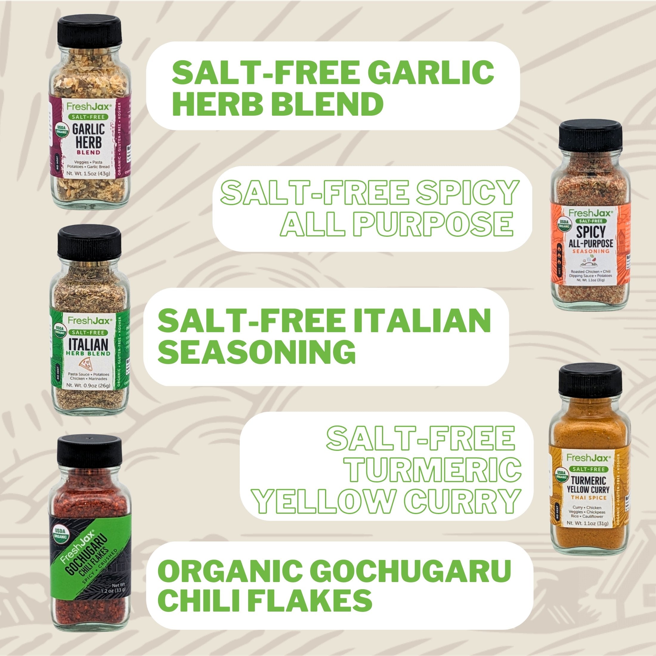 Salt-Free Garlic Herb Blend, Salt-Free Spicy All-Purpose, Salt-Free Italian Seasoning, Salt-Free Turmeric Yellow Curry, Organic Gochugaru Chili Flakes