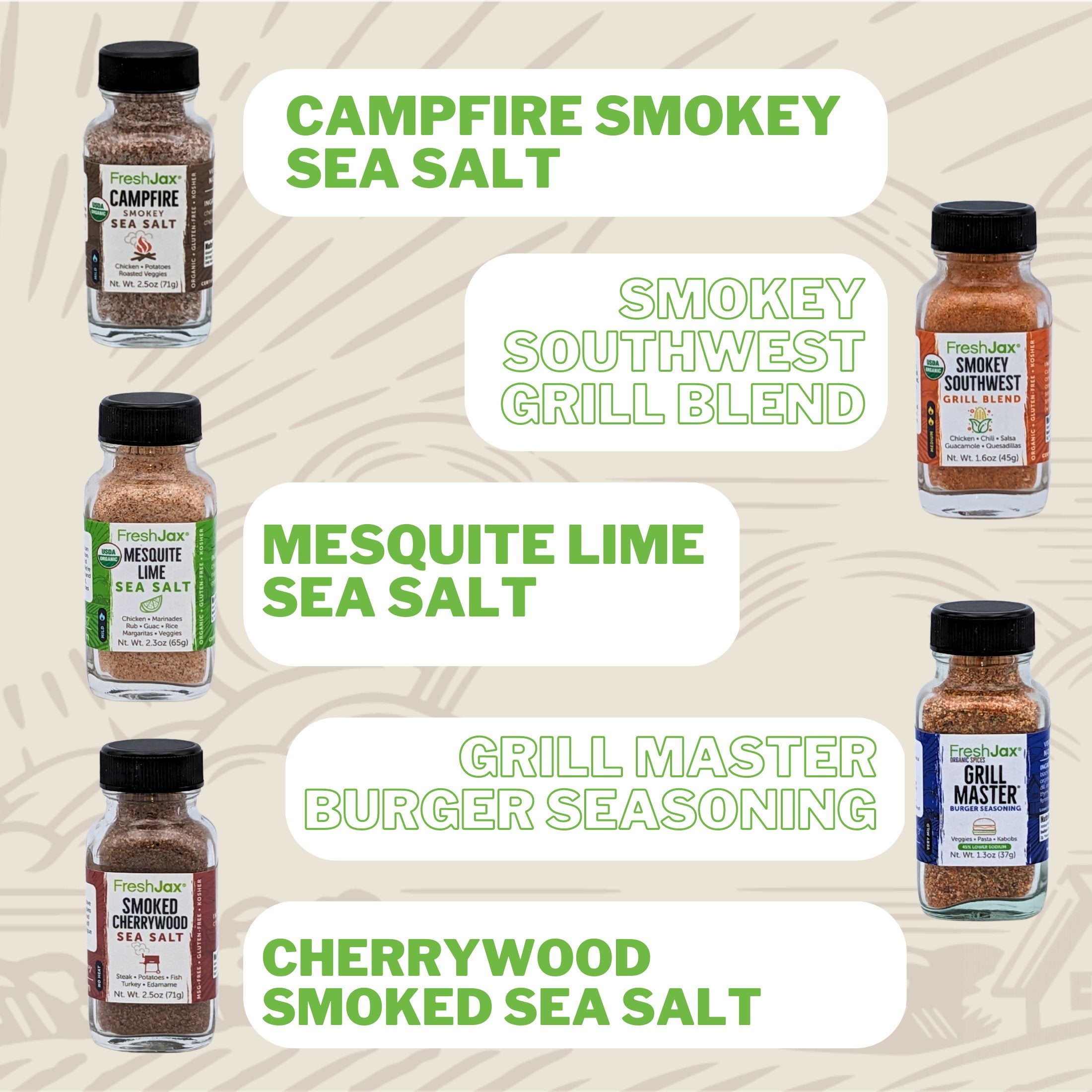 Smoked Spices Gift SEt: Campfire Sea Salt, Smokey Southwest, Mesquite Lime, Grill Master Burger, Cherrywood
