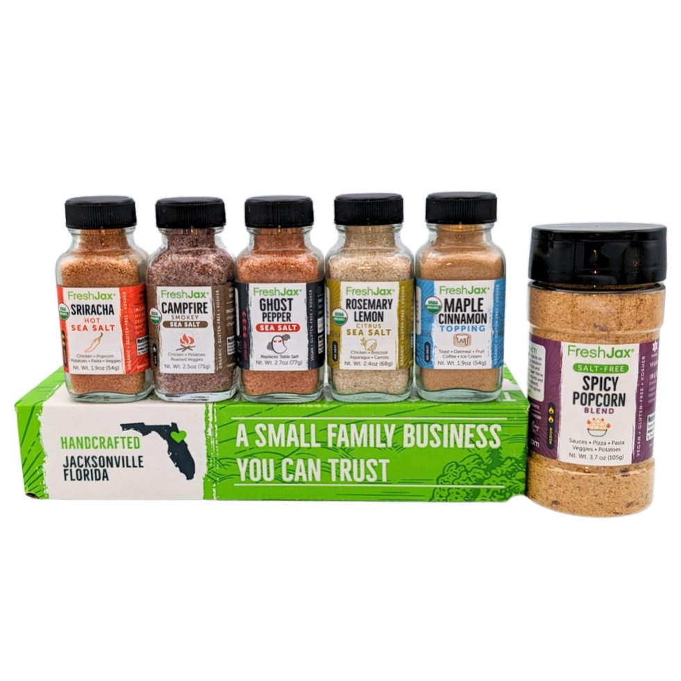 Movie Night Gift Set: 1 Large Bottle of Salt-Free Spicy Popcorn Blend as well as 5 Sampler Sized Bottles