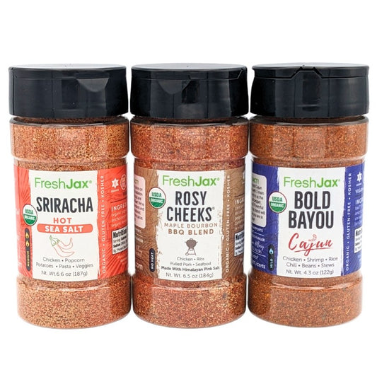 Pork Seasonings Gift Set, 3-Pack : Sriracha Hot Sea Salt , Rosy Cheeks Maple Bourbon BBQ Blend , Bold Bayou Cajun
