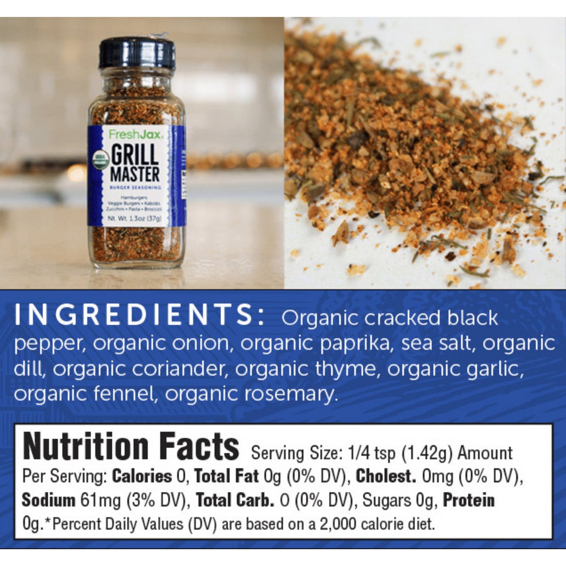 FreshJax Grill Master Burger Seasoning Sampler Size Ingredient and Nutritional Information